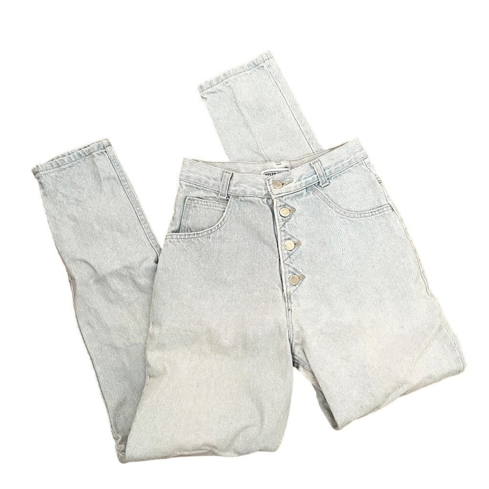 Mixed Blues light wash blue denim jeans cotton four buttons straight leg hi rise